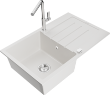 Mexen Bruno granite kitchen sink 1-bowl with drainer and Flora kitchen faucet, white - 6513-20-670401-00