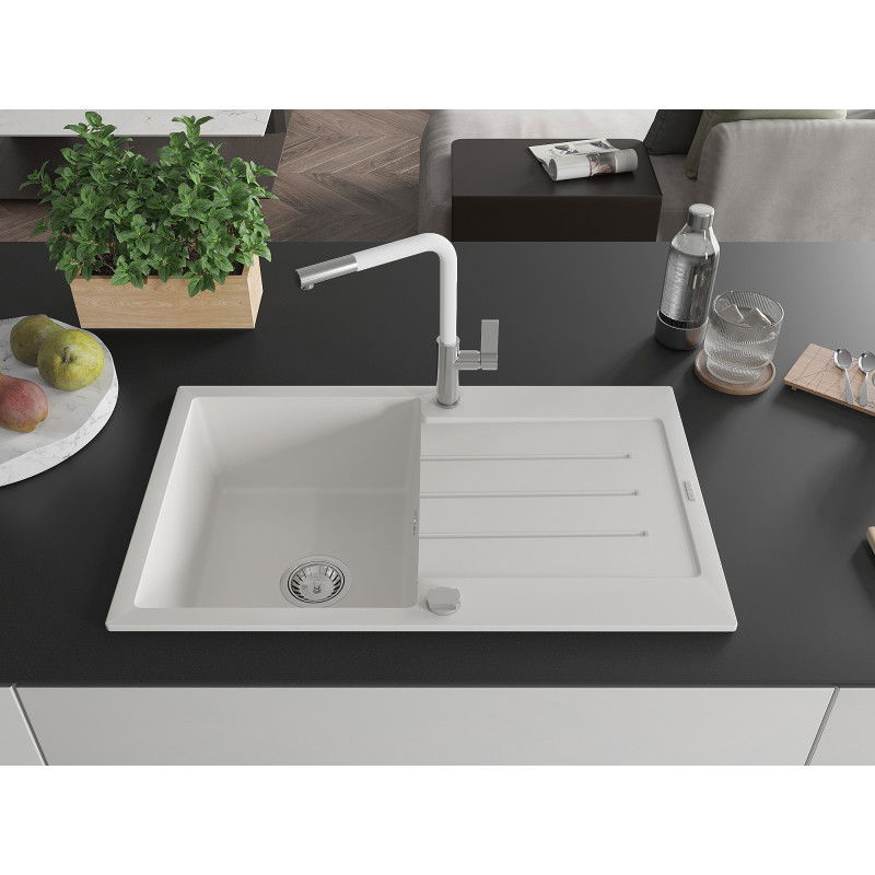Mexen Bruno 1-bowl granite sink with drainer and Flora kitchen tap, white - 6513-20-670401-02
