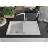 Mexen Bruno 1-bowl granite sink with drainer and Flora kitchen tap, white - 6513-20-670401-02