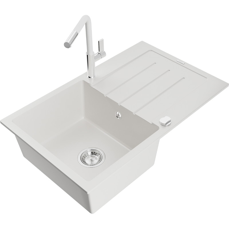 Mexen Bruno granite kitchen sink 1-bowl with drainer and Flora kitchen faucet, white - 6513-20-670401-02