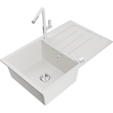 Mexen Bruno granite single-bowl sink with drainer and Flora kitchen faucet, white - 6513-20-670401-02