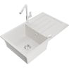 Mexen Bruno 1-bowl granite sink with drainer and Flora kitchen tap, white - 6513-20-670401-02