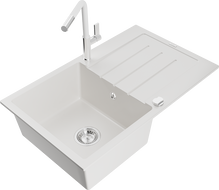 Mexen Bruno granite single-bowl sink with drainer and Flora kitchen faucet, white - 6513-20-670401-02