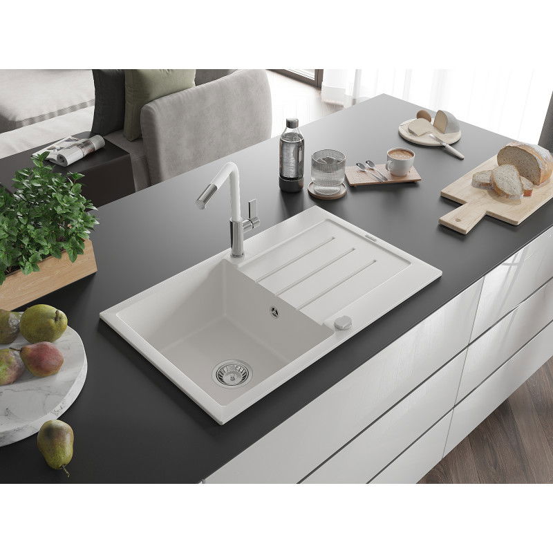 Mexen Bruno 1-bowl granite sink with drainer and Flora kitchen tap, white - 6513-20-670401-02