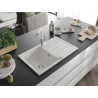 Mexen Bruno granite kitchen sink 1-bowl with drainer and Flora kitchen faucet, white - 6513-20-670401-02