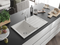 Mexen Bruno 1-compartment granite sink with a drip tray and kitchen mixer tap Flora, White - 6513-20-670401-02