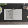 Mexen Bruno 1-bowl granite sink with drainer and Flora kitchen tap, white - 6513-20-670401-06