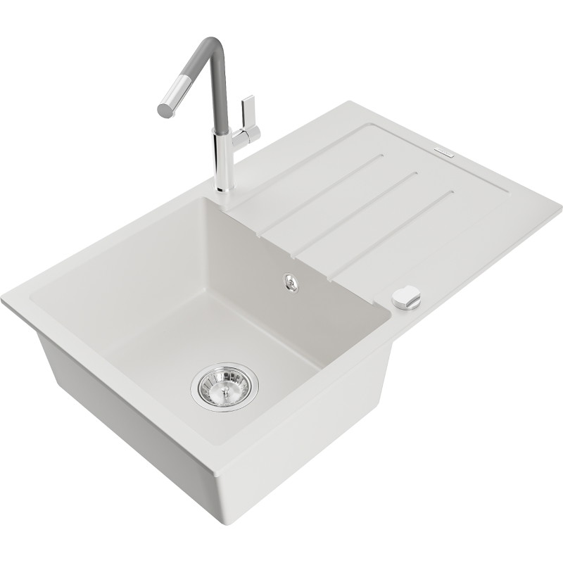 Mexen Bruno granite kitchen sink 1-bowl with drainer and Flora kitchen faucet, white - 6513-20-670401-06