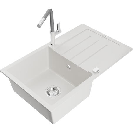 Mexen Bruno 1-bowl granite sink with drainer and Flora kitchen tap, white - 6513-20-670401-06