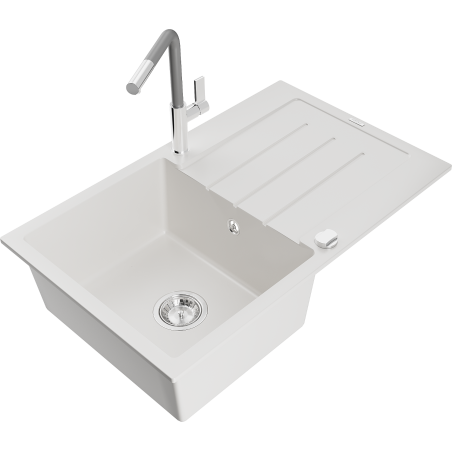 Mexen Bruno granite kitchen sink 1-bowl with drainer and Flora kitchen faucet, white - 6513-20-670401-06