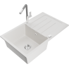 Mexen Bruno 1-bowl granite sink with drainer and Flora kitchen tap, white - 6513-20-670401-06