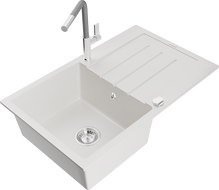 Mexen Bruno 1-bowl granite sink with drainer and Flora kitchen tap, white - 6513-20-670401-06