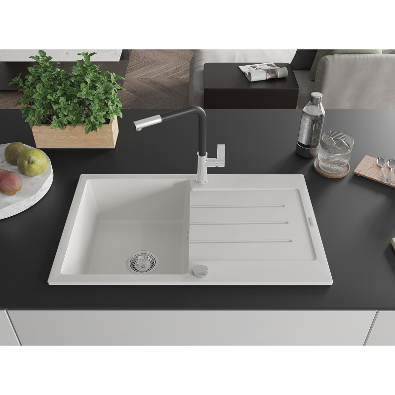Mexen Bruno granite sink 1-bowl with drainer and Flora kitchen faucet, white - 6513-20-670401-07