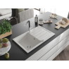 Mexen Bruno granite sink 1-bowl with drainer and Flora kitchen faucet, white - 6513-20-670401-07