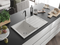 Mexen Bruno granite sink 1-bowl with drainer and Flora kitchen faucet, white - 6513-20-670401-07
