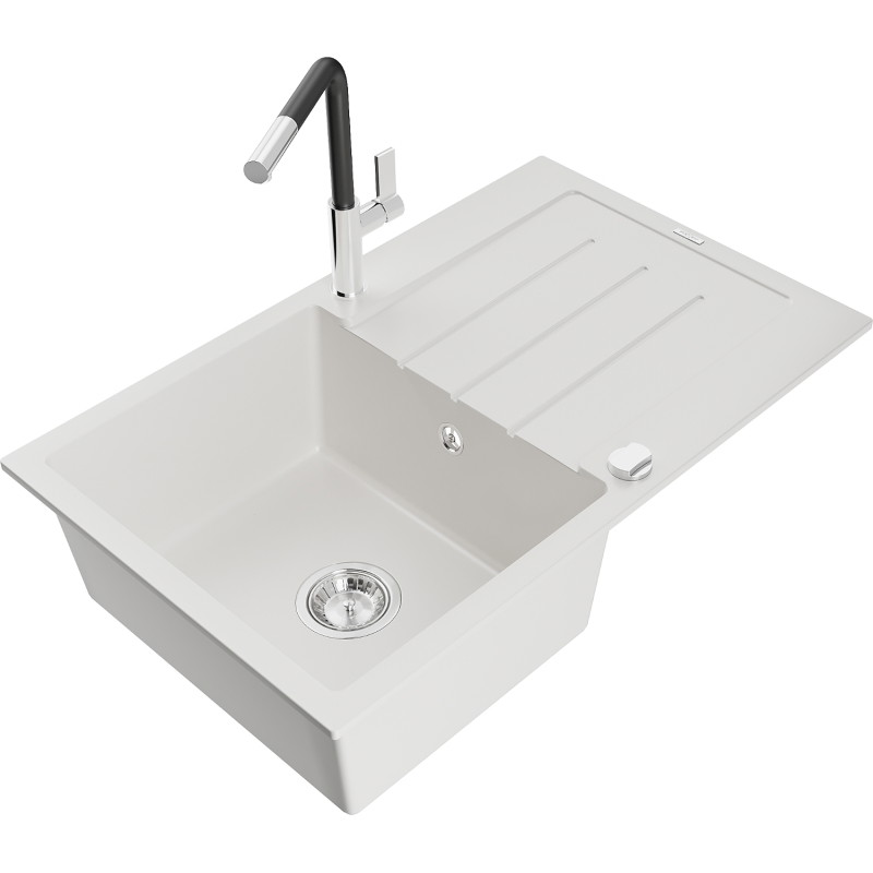 Mexen Bruno granite sink 1-bowl with drainer and Flora kitchen faucet, white - 6513-20-670401-07