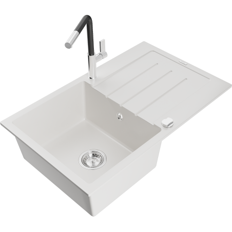 Mexen Bruno granite kitchen sink 1-bowl with drainer and Flora kitchen tap, white - 6513-20-670401-07