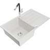 Mexen Bruno granite sink 1-bowl with drainer and Flora kitchen faucet, white - 6513-20-670401-07