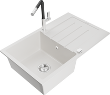 Mexen Bruno granite sink 1-bowl with drainer and Flora kitchen faucet, white - 6513-20-670401-07