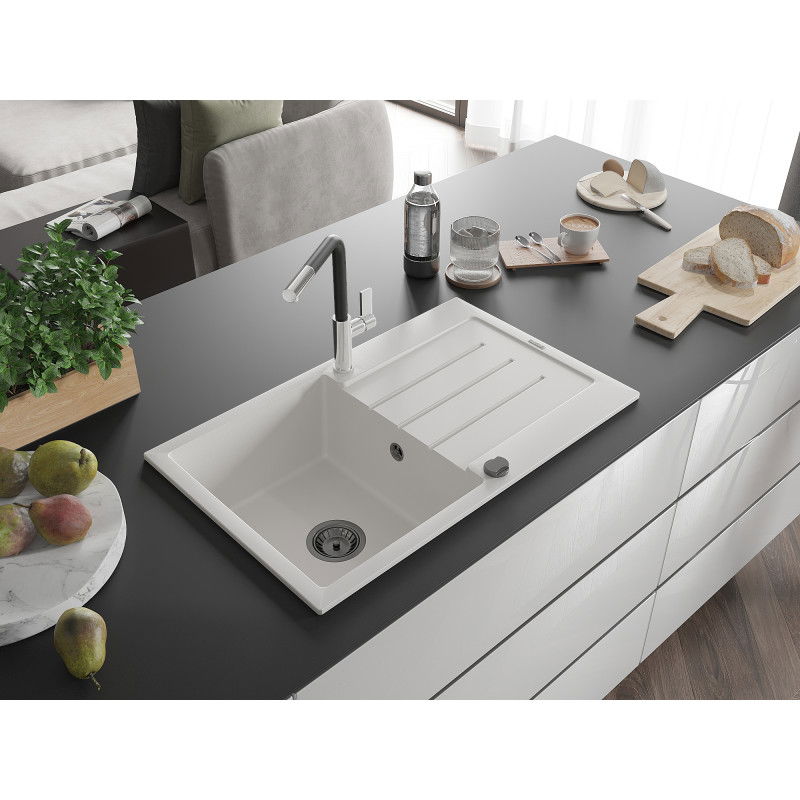Mexen Bruno 1-bowl granite sink with drainer and Flora kitchen tap, white - 6513-20-670401-07-B