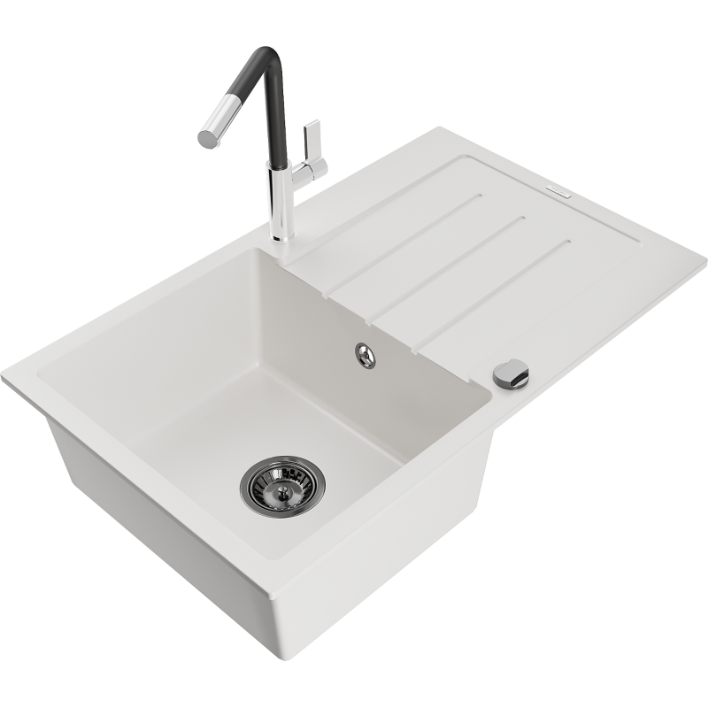 Mexen Bruno 1-compartment granite sink with a drip tray and kitchen mixer tap Flora, White - 6513-20-670401-07-B