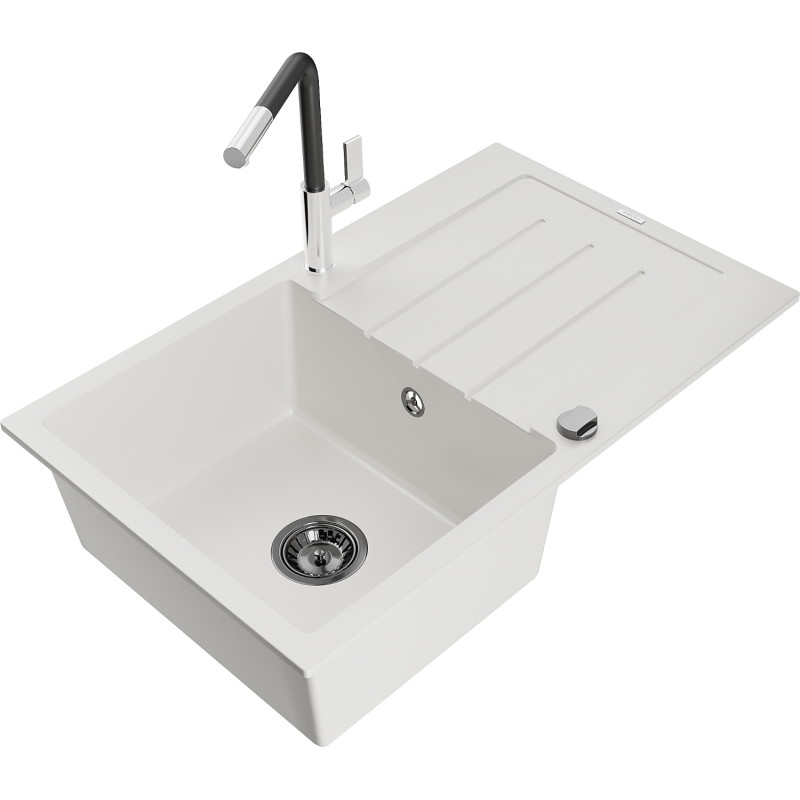 Mexen Bruno granite sink 1-bowl with drainer and kitchen faucet Flora, white - 6513-20-670401-07-B