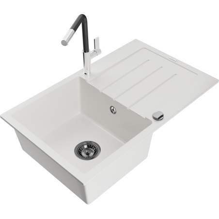 Mexen Bruno granite sink 1-bowl with drainer and kitchen faucet Flora, white - 6513-20-670401-07-B