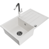 Mexen Bruno 1-bowl granite sink with drainer and Flora kitchen tap, white - 6513-20-670401-07-B