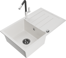 Mexen Bruno Granite Kitchen Sink 1-Bowl with Drainer and Flora Kitchen Faucet, White - 6513-20-670401-07-B