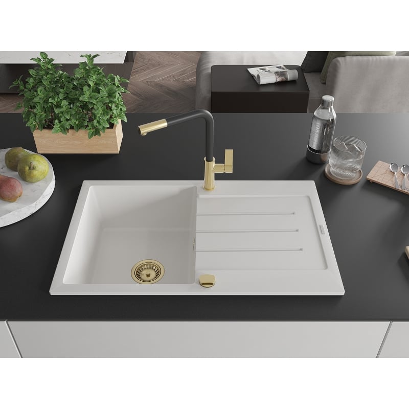 Mexen Bruno granite kitchen sink 1-bowl with drainer and Flora kitchen faucet, white - 6513-20-670401-57-G