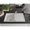 Mexen Bruno granite kitchen sink 1-bowl with drainer and Flora kitchen faucet, white - 6513-20-670401-57-G