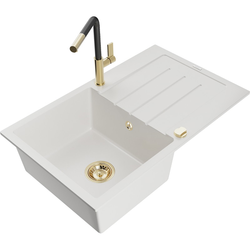 Mexen Bruno granite kitchen sink 1-bowl with drainer and Flora kitchen faucet, white - 6513-20-670401-57-G