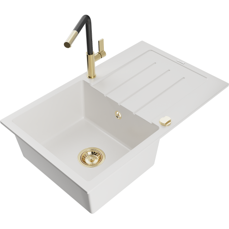 Mexen Bruno granite kitchen sink 1-bowl with drainer and Flora kitchen faucet, white - 6513-20-670401-57-G