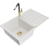 Mexen Bruno granite kitchen sink 1-bowl with drainer and Flora kitchen faucet, white - 6513-20-670401-57-G