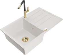 Mexen Bruno granite kitchen sink 1-bowl with drainer and Flora kitchen faucet, white - 6513-20-670401-57-G