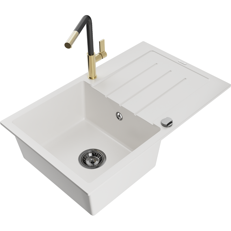 Mexen Bruno 1-bowl granite kitchen sink with drainer and Flora kitchen tap, white - 6513-20-670401-57-B