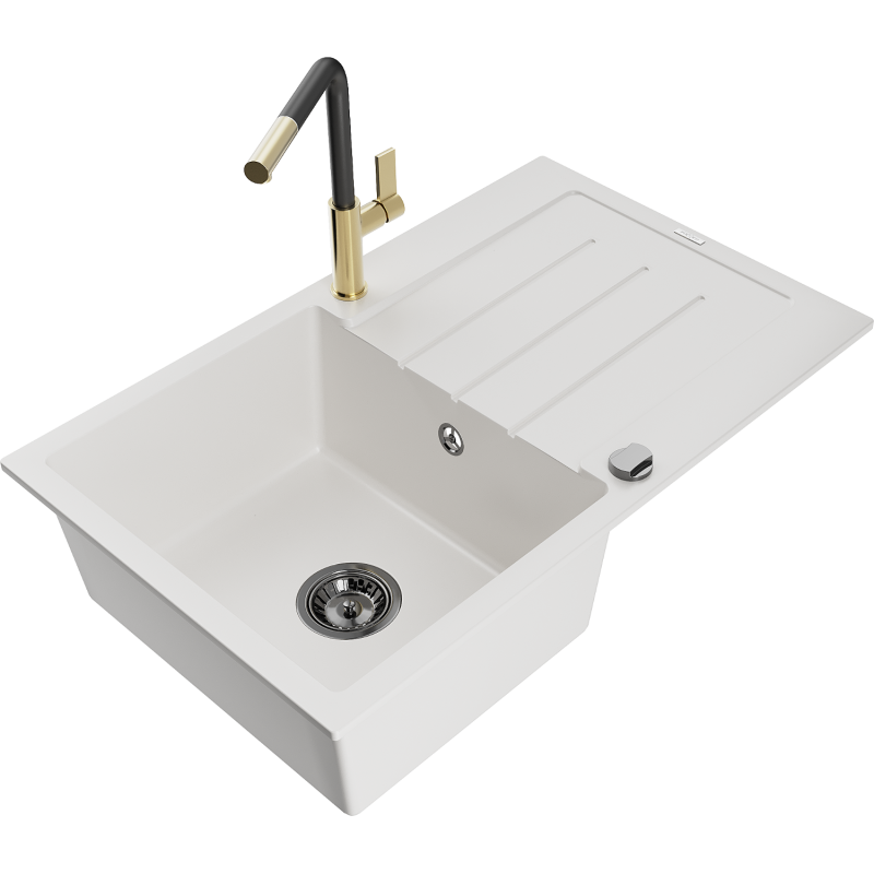 Mexen Bruno 1-compartment granite sink with a drip tray and kitchen mixer tap Flora, White - 6513-20-670401-57-B