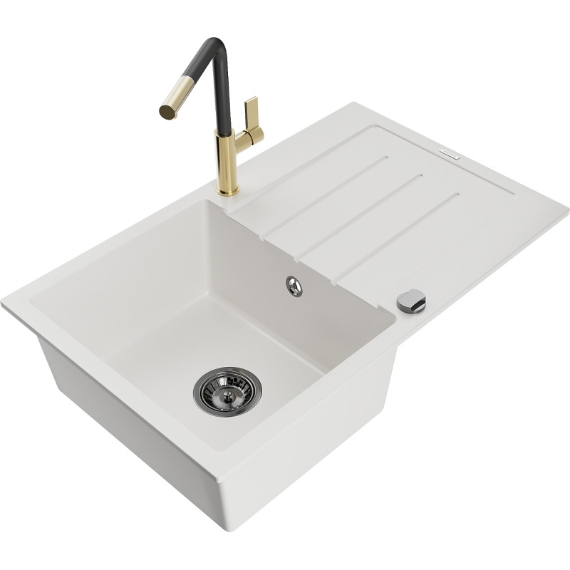 Mexen Bruno granite kitchen sink single bowl with drainer and Flora kitchen faucet, white - 6513-20-670401-57-B