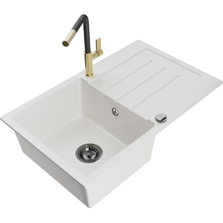 Mexen Bruno granite kitchen sink single bowl with drainer and Flora kitchen faucet, white - 6513-20-670401-57-B