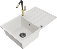Mexen Bruno granite kitchen sink single bowl with drainer and Flora kitchen faucet, white - 6513-20-670401-57-B