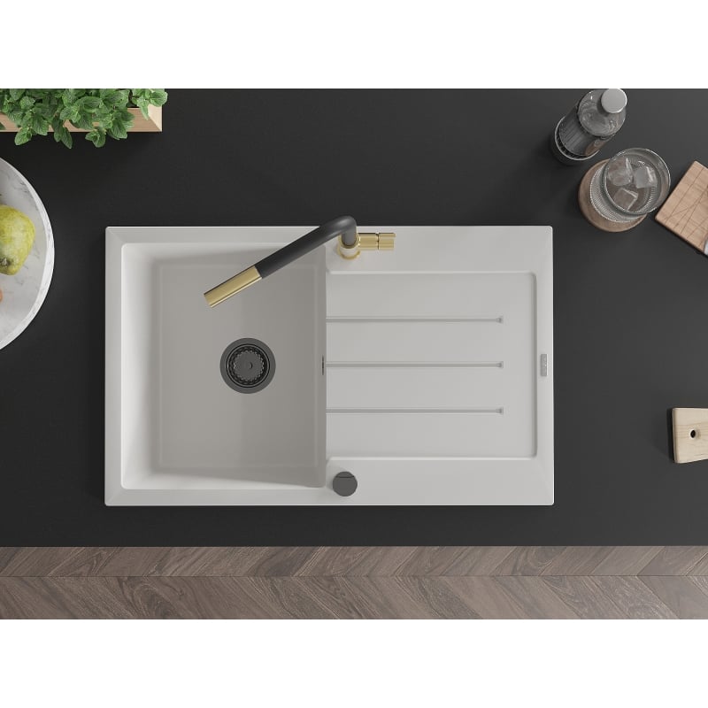 Mexen Bruno granite kitchen sink single bowl with drainer and Flora kitchen faucet, white - 6513-20-670401-57-B