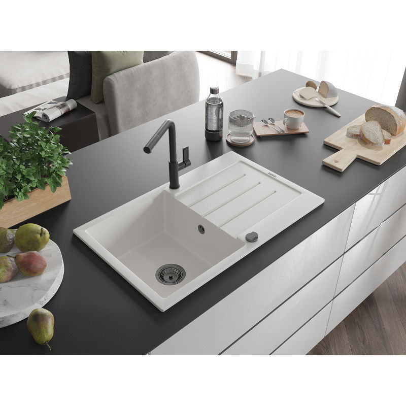 Mexen Bruno granite sink 1-bowl with drainer and Flora kitchen tap, white - 6513-20-670401-70-B