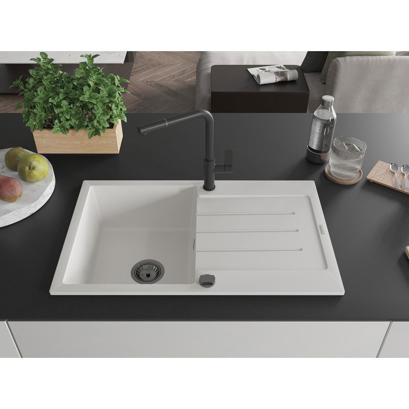Mexen Bruno granite sink 1-bowl with drainer and Flora kitchen tap, white - 6513-20-670401-70-B