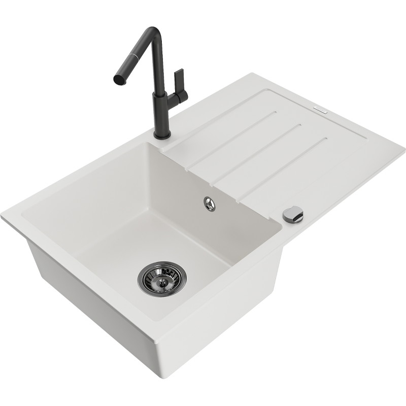 Mexen Bruno granite kitchen sink with 1 basin, drainer, and Flora kitchen faucet, white - 6513-20-670401-70-B