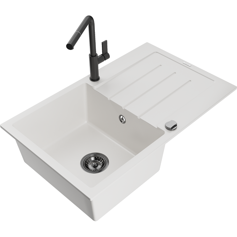 Mexen Bruno granite sink 1-bowl with drainer and Flora kitchen tap, white - 6513-20-670401-70-B