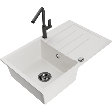 Mexen Bruno granite kitchen sink with 1 basin, drainer, and Flora kitchen faucet, white - 6513-20-670401-70-B