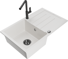 Mexen Bruno granite kitchen sink single-bowl with drainer and Flora kitchen faucet, white - 6513-20-670401-70-B