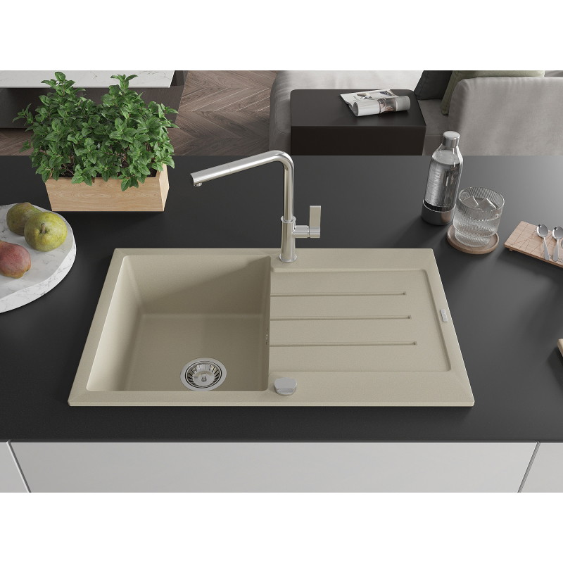 Mexen Bruno granite kitchen sink single-bowl with drainer and Flora kitchen faucet, beige - 6513-69-670401-00