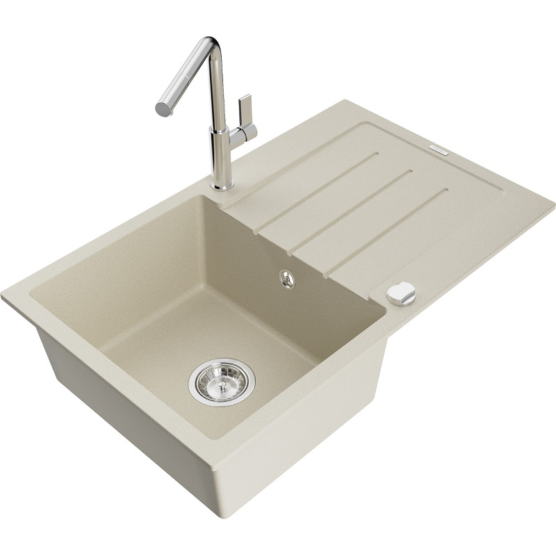 Mexen Bruno granite kitchen sink single-bowl with drainer and Flora kitchen faucet, beige - 6513-69-670401-00
