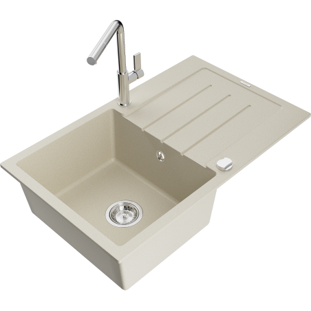 Mexen Bruno 1-bowl granite sink with drainer and Flora kitchen faucet, beige - 6513-69-670401-00
